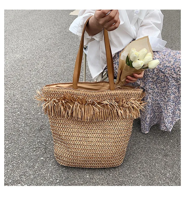 Sac à bandoulière tressé en paille marron, avec franges, de grande capacité, pour femmes