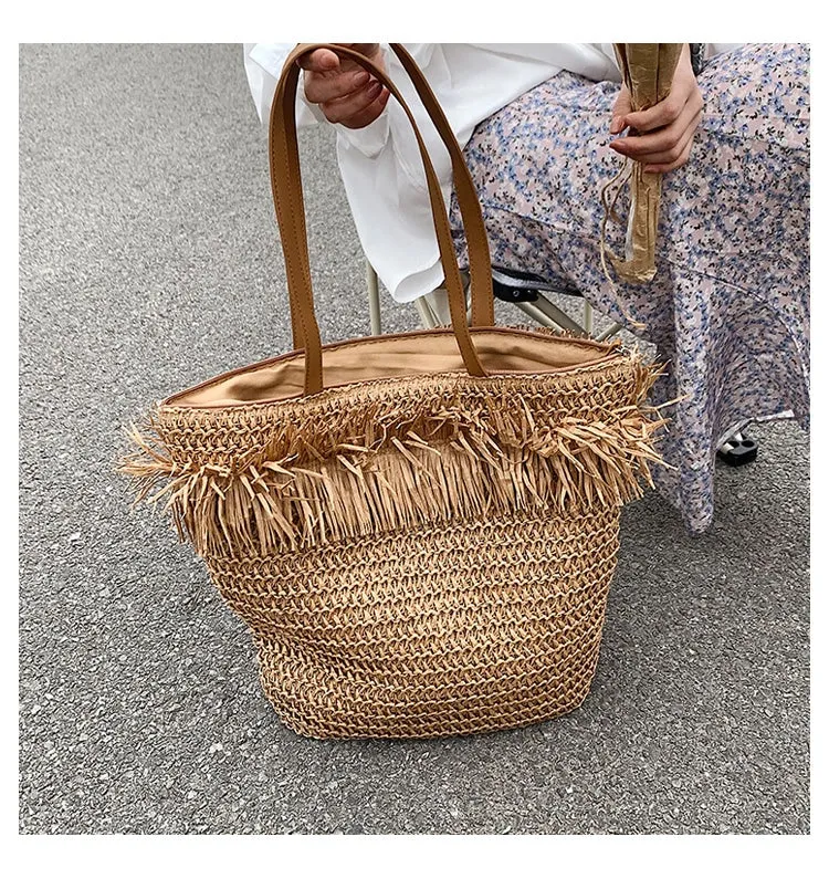 Sac à bandoulière tressé en paille marron, avec franges, de grande capacité, pour femmes