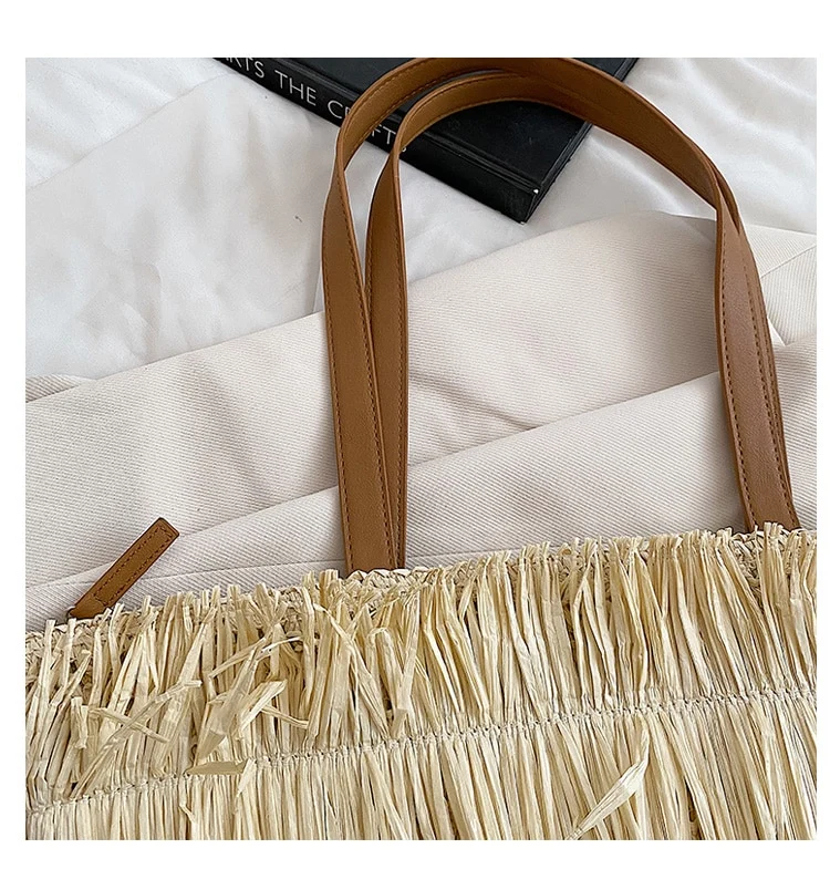 Sac à bandoulière tressé en paille blanche, avec franges, de grande capacité, pour femmes