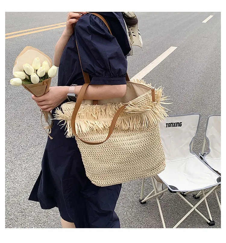 Sac à bandoulière tressé en paille blanche, avec franges, de grande capacité, pour femmes