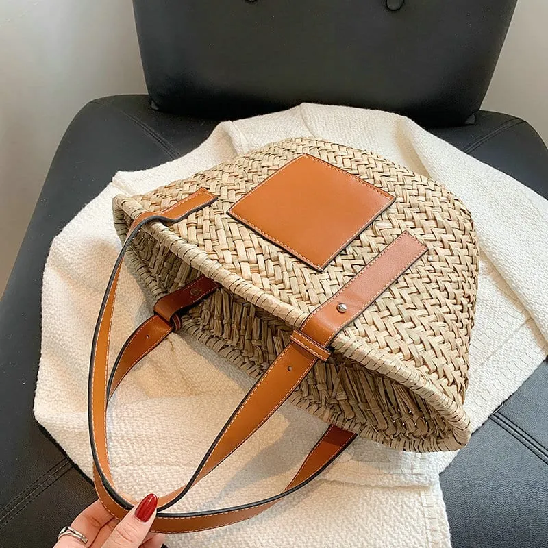 Sac à main d’été en paille tissé raphia, marron, pour femmes