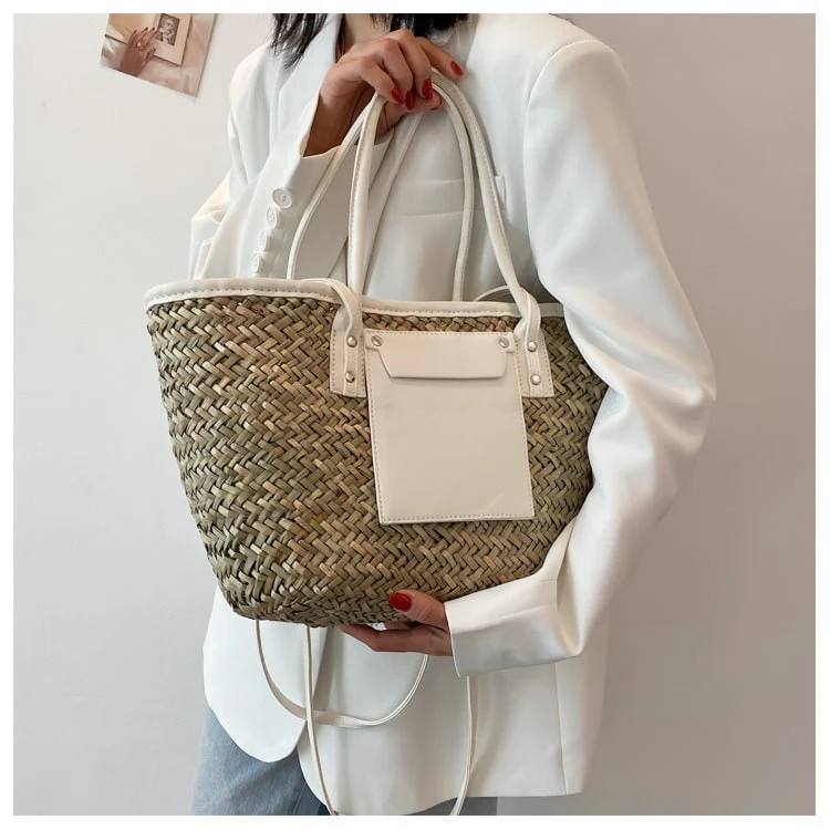 Sac d’été en paille de grande capacité fait à la main, blanc, pour femmes