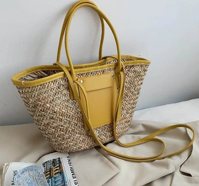 Sac d’été en paille de grande capacité fait à la main, jaune, pour femmes