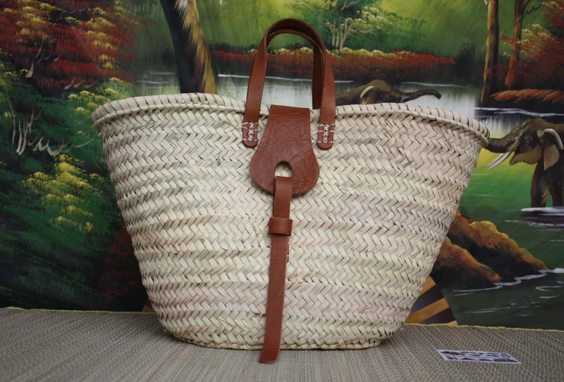 Superbe Panier Anses Cuir - Cabas marchés course Sac plage naturel