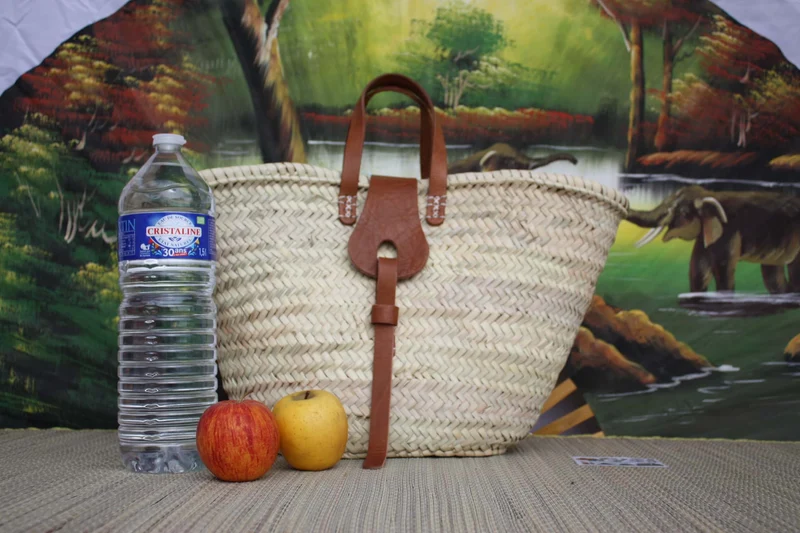 Superbe Panier Anses Cuir - Cabas marchés course Sac plage naturel