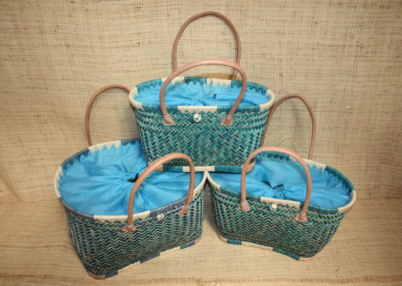 Panier BLEU TURQUOISE - Cabas osier marché Sac paille plage Panier rotin courses - Tissu pochon avec lacet de serrage - 3 TAILLES -