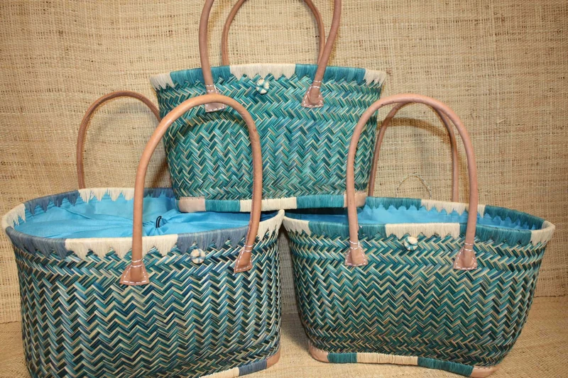 Panier BLEU TURQUOISE - Cabas osier marché Sac paille plage Panier rotin courses - Tissu pochon avec lacet de serrage - 3 TAILLES -