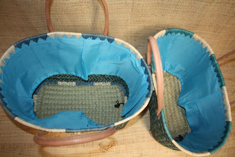 Panier BLEU TURQUOISE - Cabas osier marché Sac paille plage Panier rotin courses - Tissu pochon avec lacet de serrage - 3 TAILLES -