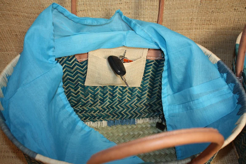 Panier BLEU TURQUOISE - Cabas osier marché Sac paille plage Panier rotin courses - Tissu pochon avec lacet de serrage - 3 TAILLES -