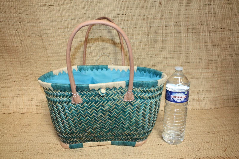 Panier BLEU TURQUOISE - Cabas osier marché Sac paille plage Panier rotin courses - Tissu pochon avec lacet de serrage - 3 TAILLES -