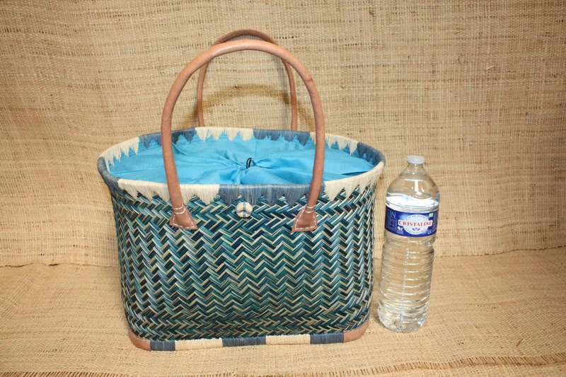 Panier BLEU TURQUOISE - Cabas osier marché Sac paille plage Panier rotin courses - Tissu pochon avec lacet de serrage - 3 TAILLES -