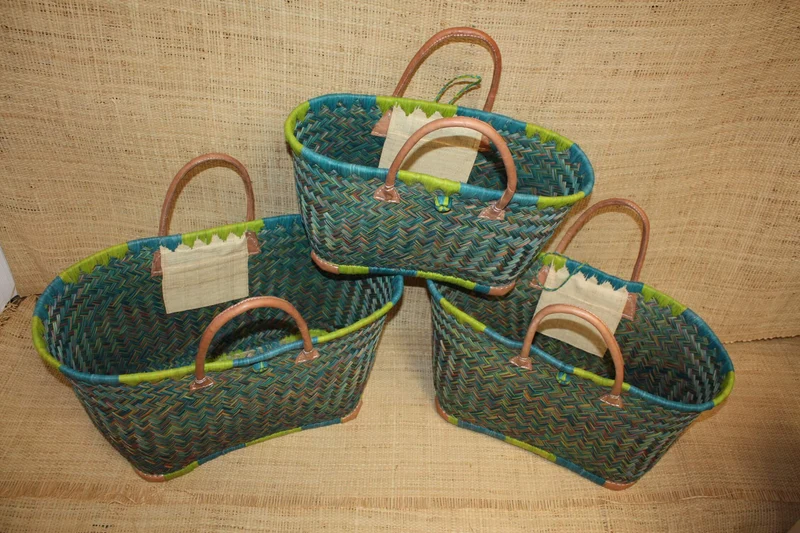 Panier sac cabas - Vert & Turquoise - tressé à la main - idéal courses , marchés , travail , plage , déco... raphia palmier - 3 TAILLES
