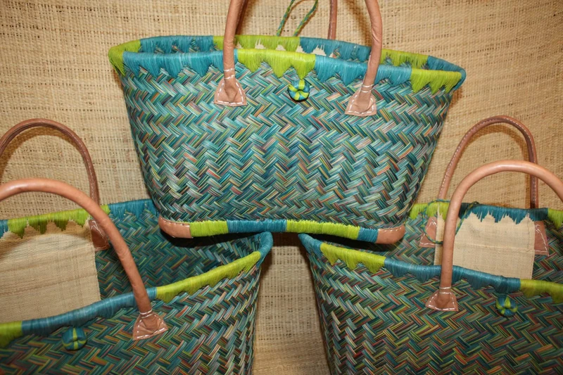 Panier sac cabas - Vert & Turquoise - tressé à la main - idéal courses , marchés , travail , plage , déco... raphia palmier - 3 TAILLES