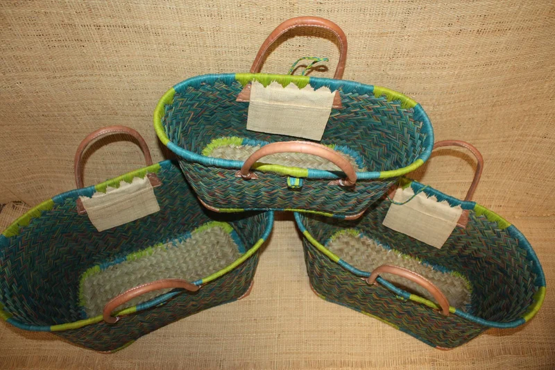Panier sac cabas - Vert & Turquoise - tressé à la main - idéal courses , marchés , travail , plage , déco... raphia palmier - 3 TAILLES