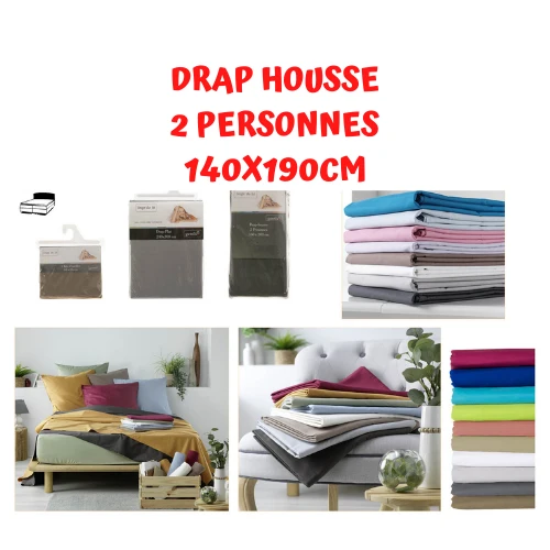 Drap housse 2 personnes 140x190cm - 100% PUR COTON 57 FILS - Qualité Hôtel Gîtes