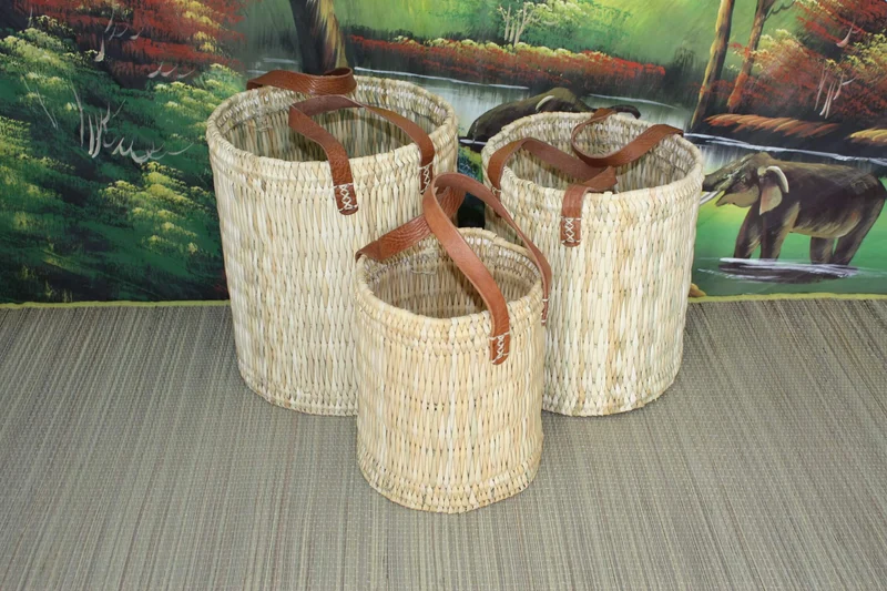 Panier rond cache pot plantes / fleurs - Corbeille Bac - 3 TAILLES au CHOIX - cuir osier rotin paille