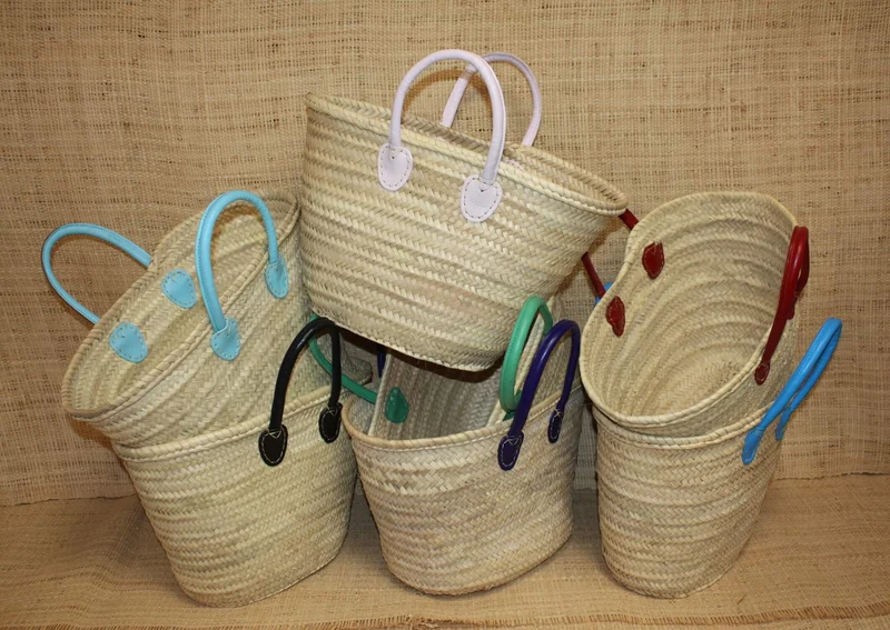 Panier en Rotin pour Courses | Sac en Paille de Plage | Cabas en Osier pour le Marché - Anses Rondes en Cuir : Plusieurs Couleurs Au Choix