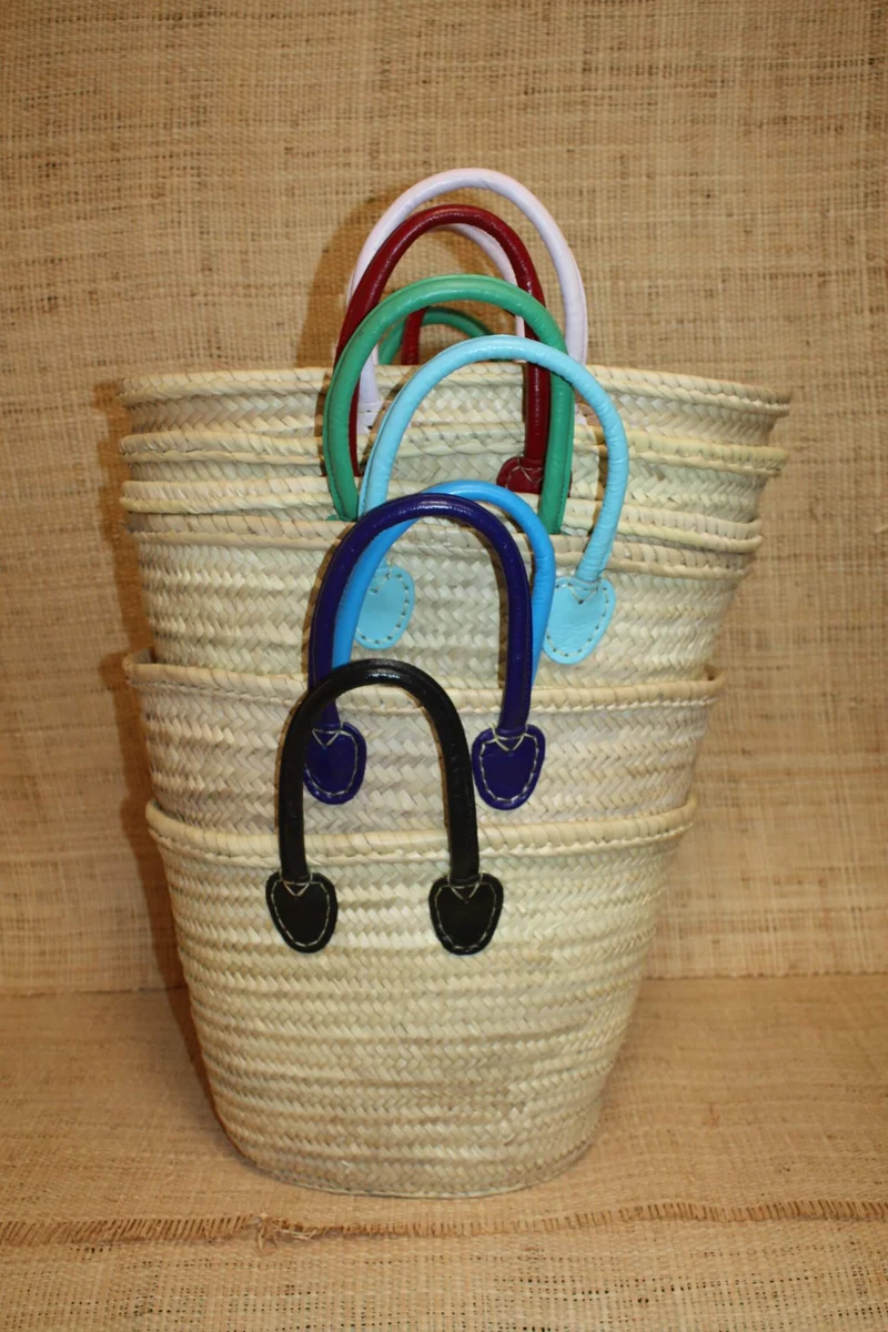 Panier en Rotin pour Courses | Sac en Paille de Plage | Cabas en Osier pour le Marché - Anses Rondes en Cuir : Plusieurs Couleurs Au Choix