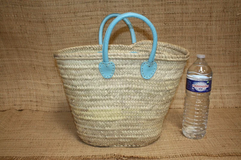 Panier en Rotin pour Courses | Sac en Paille de Plage | Cabas en Osier pour le Marché - Anses Rondes en Cuir : Plusieurs Couleurs Au Choix