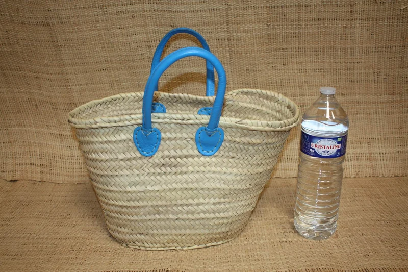 Panier en Rotin pour Courses | Sac en Paille de Plage | Cabas en Osier pour le Marché - Anses Rondes en Cuir : Plusieurs Couleurs Au Choix