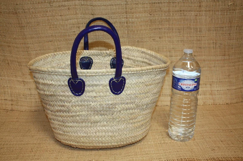 Panier en Rotin pour Courses | Sac en Paille de Plage | Cabas en Osier pour le Marché - Anses Rondes en Cuir : Plusieurs Couleurs Au Choix