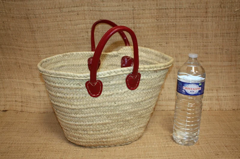 Panier en Rotin pour Courses | Sac en Paille de Plage | Cabas en Osier pour le Marché - Anses Rondes en Cuir : Plusieurs Couleurs Au Choix