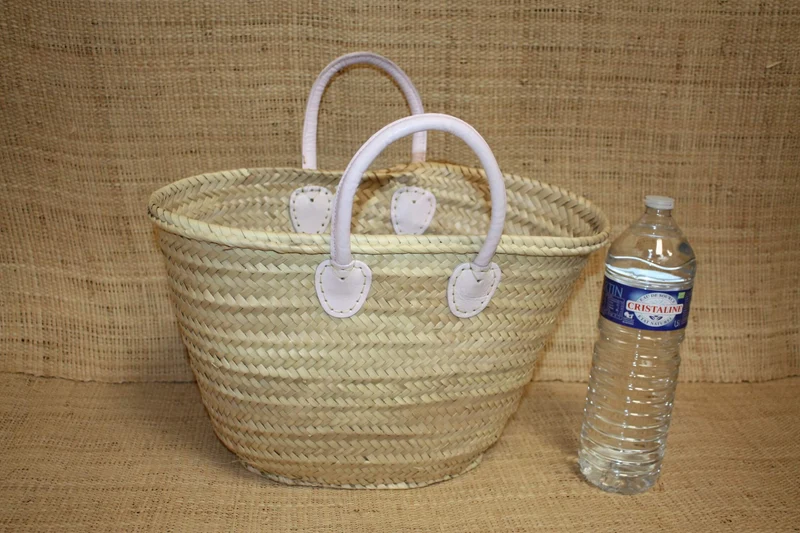 Panier en Rotin pour Courses | Sac en Paille de Plage | Cabas en Osier pour le Marché - Anses Rondes en Cuir : Plusieurs Couleurs Au Choix