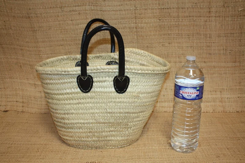 Panier en Rotin pour Courses | Sac en Paille de Plage | Cabas en Osier pour le Marché - Anses Rondes en Cuir : Plusieurs Couleurs Au Choix