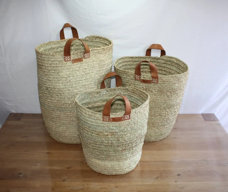 Panier de rangement Rond en Palmier - Corbeille à linge Bac Coffre - 4 TAILLES au CHOIX - cuir osier rotin paille