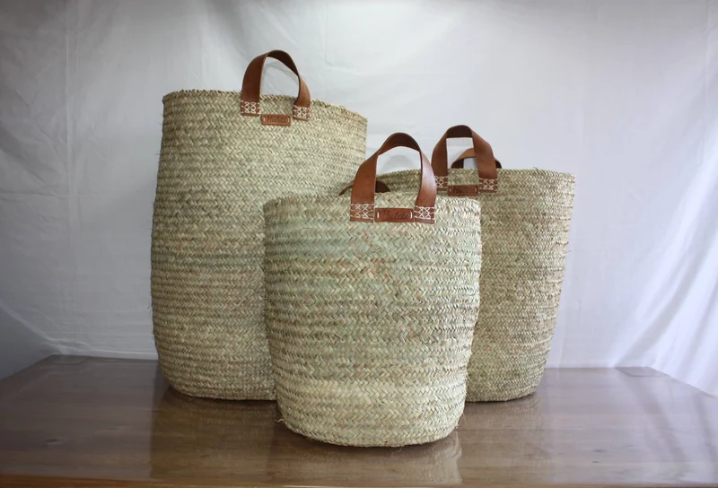 Panier de rangement Rond en Palmier - Corbeille à linge Bac Coffre - 4 TAILLES au CHOIX - cuir osier rotin paille