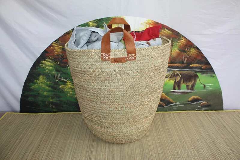 Panier de rangement Rond en Palmier - Corbeille à linge Bac Coffre - 4 TAILLES au CHOIX - cuir osier rotin paille