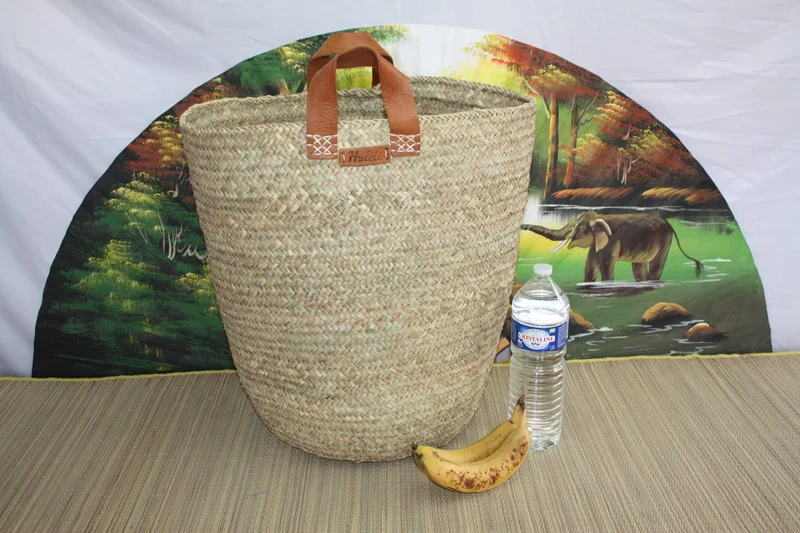 Panier de rangement Rond en Palmier - Corbeille à linge Bac Coffre - 4 TAILLES au CHOIX - cuir osier rotin paille