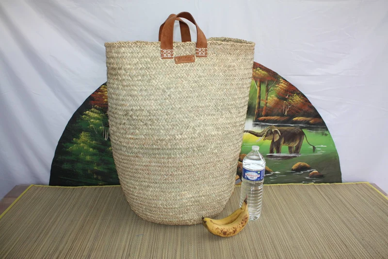 Panier de rangement Rond en Palmier - Corbeille à linge Bac Coffre - 4 TAILLES au CHOIX - cuir osier rotin paille