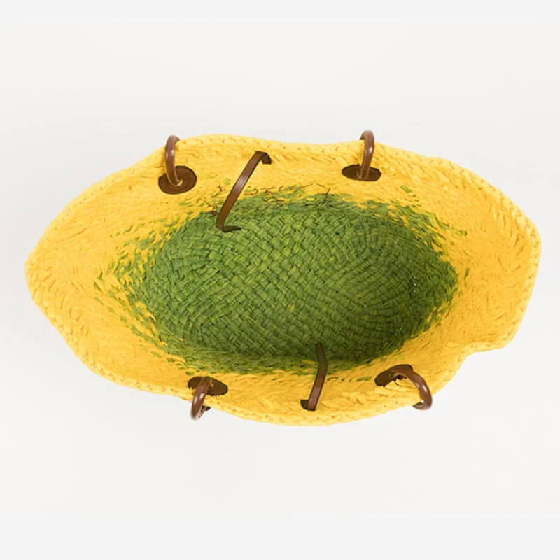 Sac fourre-tout en paille tissée jaune et vert