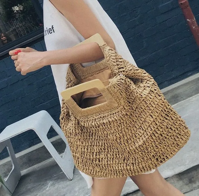 Sac à main fourre-tout en paille tissée et anses en bois pour femmes