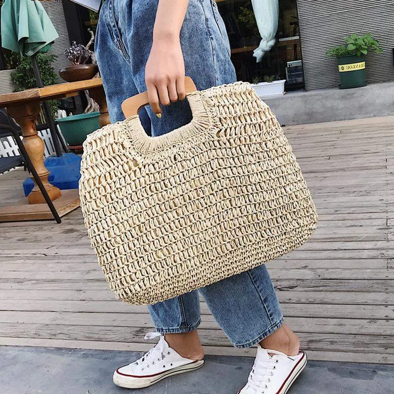 Sac à main fourre-tout en paille tissée et anses en bois pour femmes