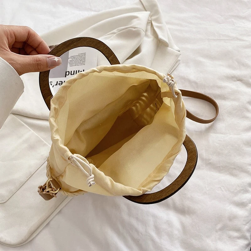 Sac à bandoulière tissé rétro pour femmes avec anse en bois