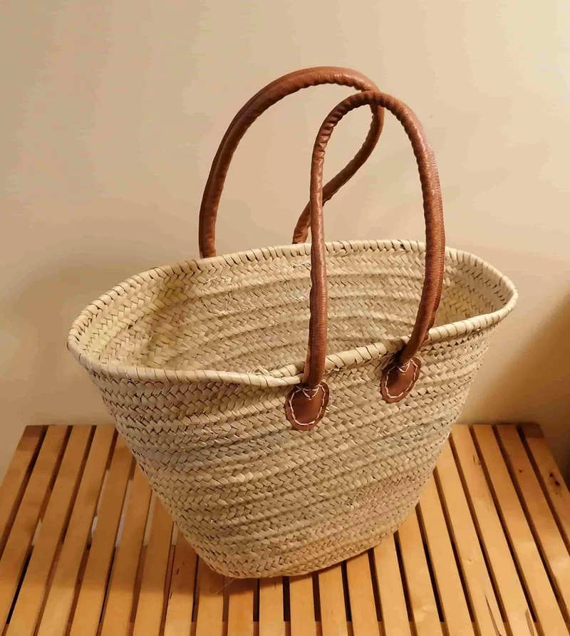 Superbe Sac Anses Longues Rondes Simili Camel - Cabas Couffin paille marchés course plage