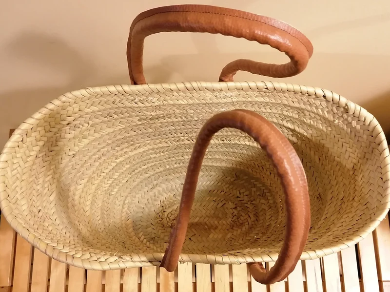 Superbe Sac Anses Longues Rondes Simili Camel - Cabas Couffin paille marchés course plage