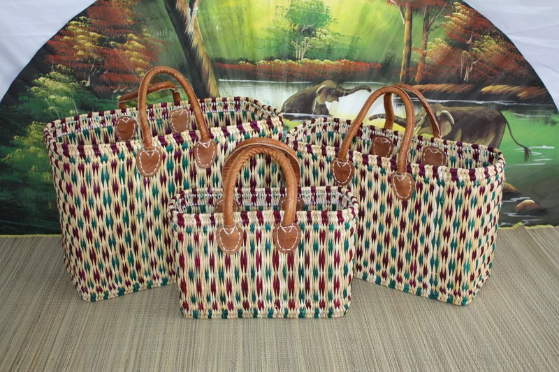 Panier à courses artisanal tressé en jonc à la main - Cabas marchés osier sac rotin - Marocain berbere - Vert & Violet - 3 Tailles
