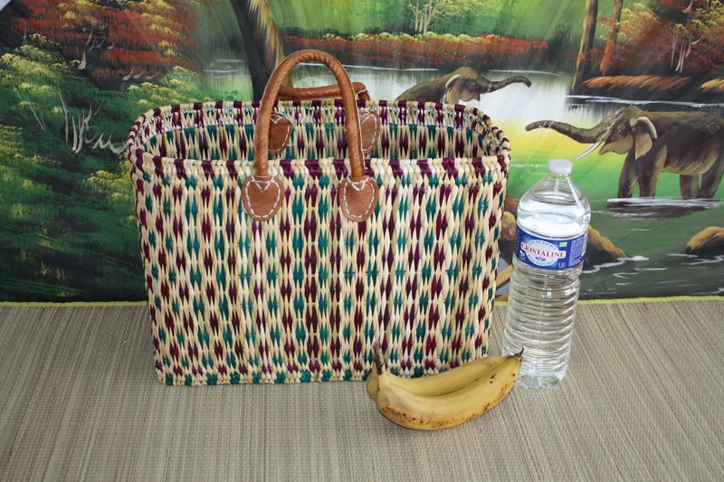 Panier à courses artisanal tressé en jonc à la main - Cabas marchés osier sac rotin - Marocain berbere - Vert & Violet - 3 Tailles