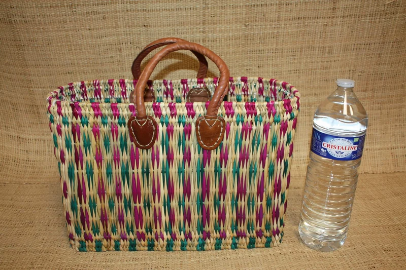 Panier à courses artisanal tressé en jonc à la main - Cabas marchés osier sac rotin - Marocain berbere - Vert & Violet - 3 Tailles