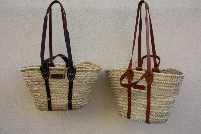Panier Renforcé Solide - Anses Courtes + Longues en Cuir - Sac Paille Cabas tressé marchés courses