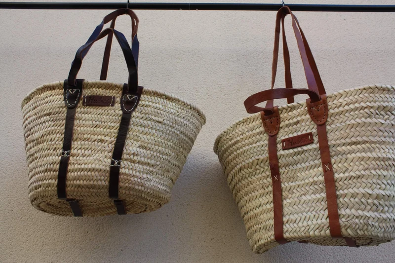 Panier Renforcé Solide - Anses Courtes + Longues en Cuir - Sac Paille Cabas tressé marchés courses