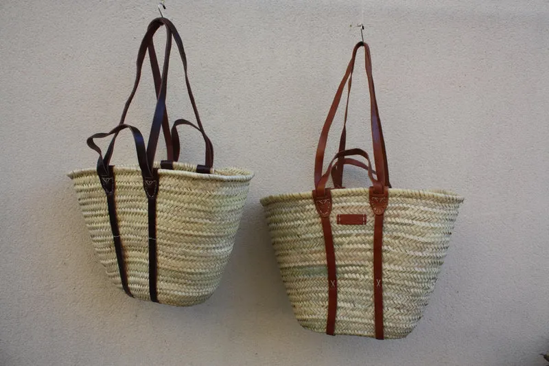 GRAND Panier Renforcé CUIR - Anses Courtes + Longues - Sac Paille Cabas marchés courses tressé