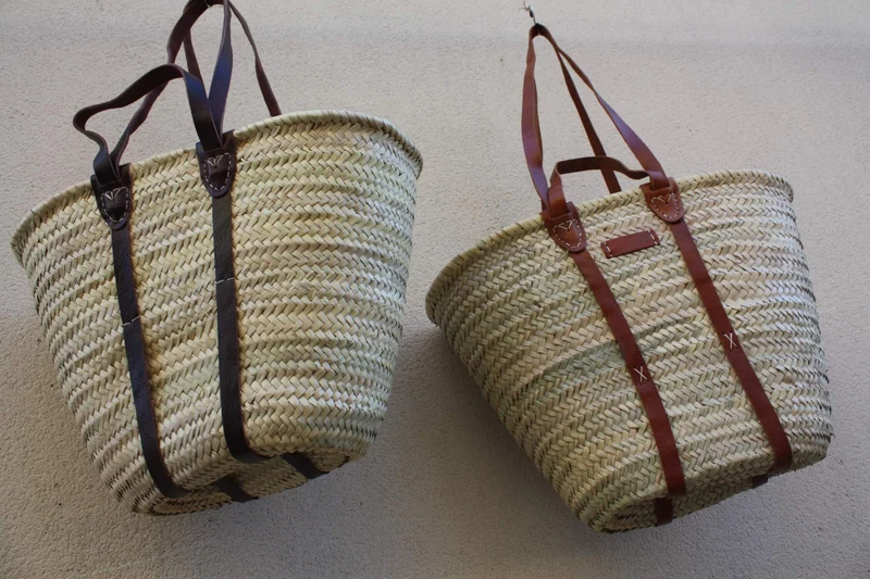 GRAND Panier Renforcé CUIR - Anses Courtes + Longues - Sac Paille Cabas marchés courses tressé