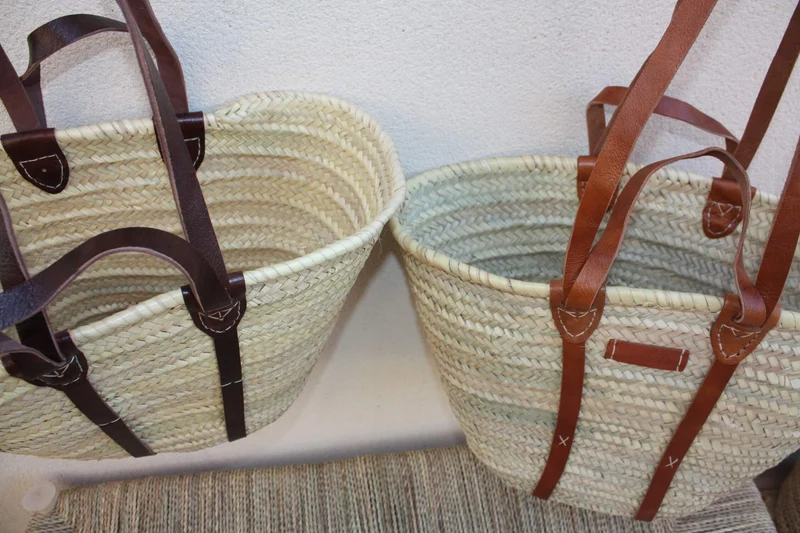 GRAND Panier Renforcé CUIR - Anses Courtes + Longues - Sac Paille Cabas marchés courses tressé