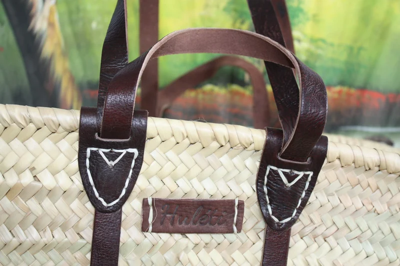 GRAND Panier Renforcé CUIR - Anses Courtes + Longues - Sac Paille Cabas marchés courses tressé