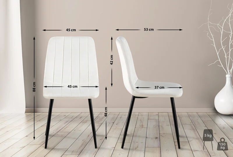 Lot de 4 chaises de salle à manger coutures décoratives verticales en tissu velours blanc crème et pieds métal noir 10_0001869