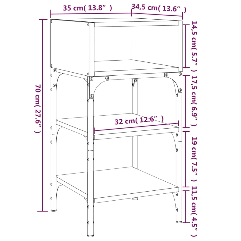Lot de 2 tables de chevet avec étagères 35 x 34,5 x 70cm bois ingénierie gris et fer DEC035652